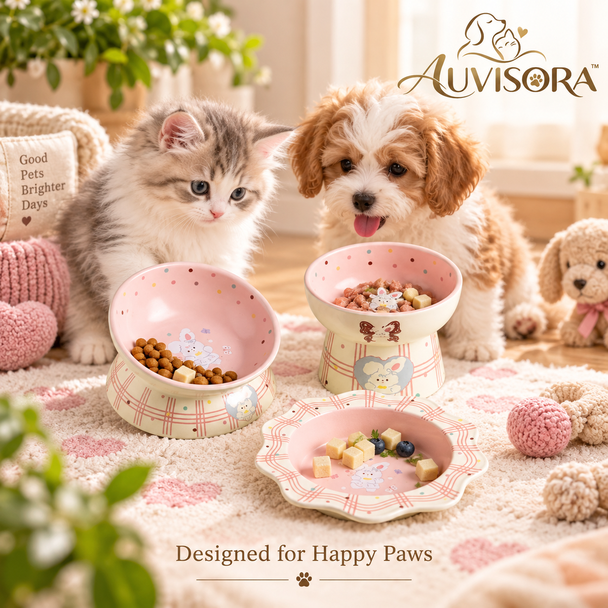 𝑨𝑼𝑽𝑰𝑺𝑶𝑹𝑨™ BunnyChic Elevated Ceramic Cat Bowl